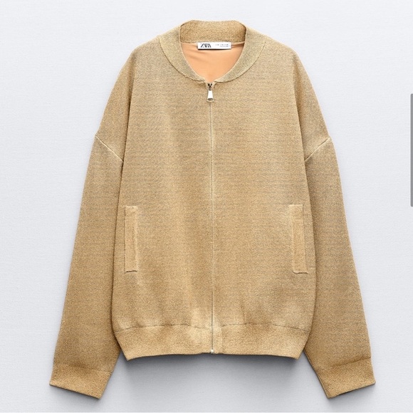 Zara Knit Bomber Cardigan with Gold Metallic Thread size Small - Picture 2 of 9